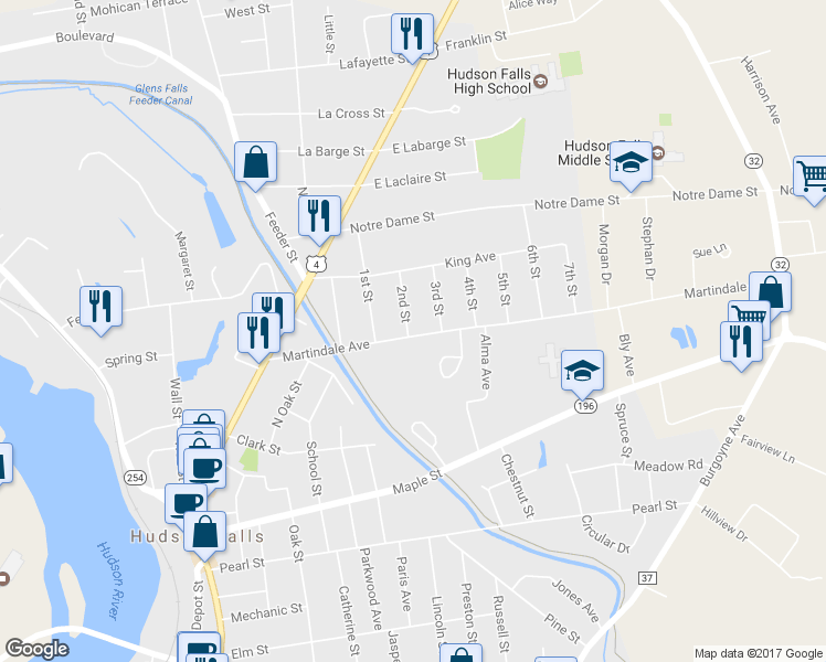 map of restaurants, bars, coffee shops, grocery stores, and more near 2AB 2nd Street in Hudson Falls