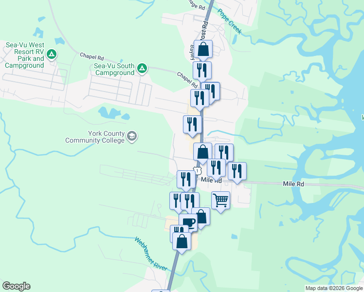 map of restaurants, bars, coffee shops, grocery stores, and more near 1072 U.S. 1 in Wells