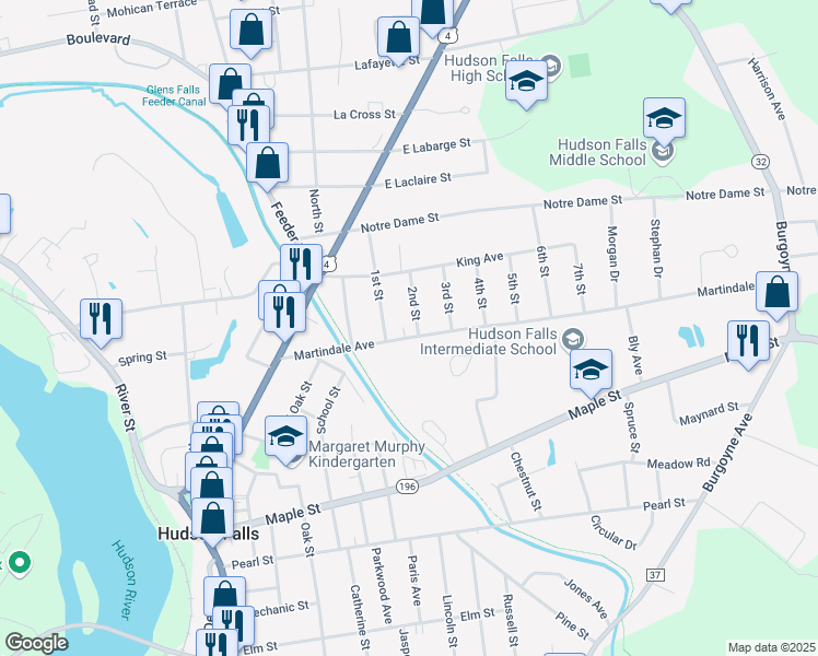 map of restaurants, bars, coffee shops, grocery stores, and more near 21 Martindale Avenue in Hudson Falls