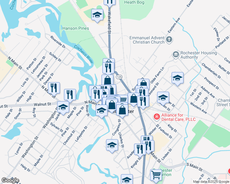map of restaurants, bars, coffee shops, grocery stores, and more near 18 South Main Street in Rochester