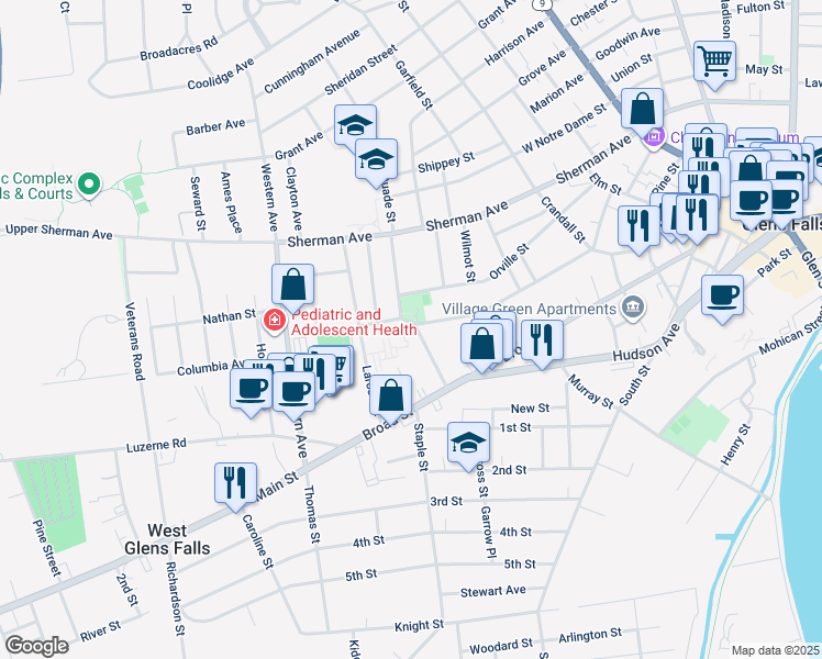map of restaurants, bars, coffee shops, grocery stores, and more near 84 Montcalm Street in Glens Falls