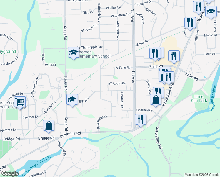 map of restaurants, bars, coffee shops, grocery stores, and more near 224 West Oak Street in Grafton