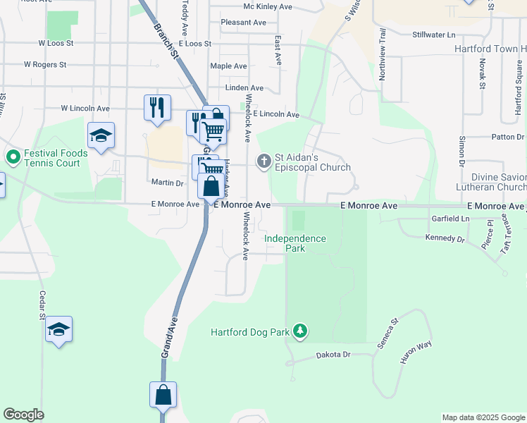 map of restaurants, bars, coffee shops, grocery stores, and more near 623 East Monroe Avenue in Hartford
