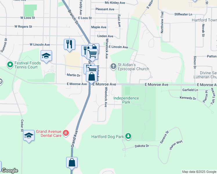 map of restaurants, bars, coffee shops, grocery stores, and more near 623 East Monroe Avenue in Hartford