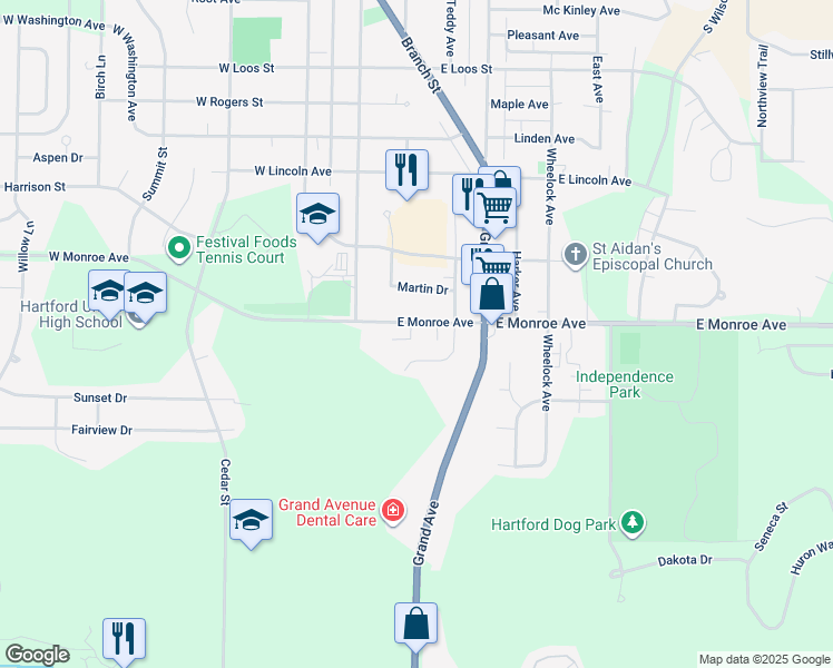 map of restaurants, bars, coffee shops, grocery stores, and more near 133 East Monroe Avenue in Hartford