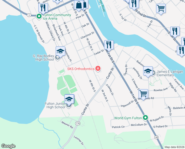 map of restaurants, bars, coffee shops, grocery stores, and more near 632 W 3rd St S in Fulton