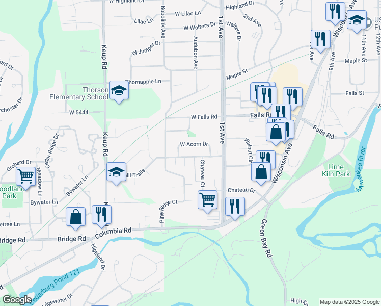 map of restaurants, bars, coffee shops, grocery stores, and more near 224 W Oak St in Grafton
