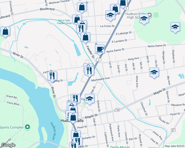 map of restaurants, bars, coffee shops, grocery stores, and more near 258 Main Street in Hudson Falls
