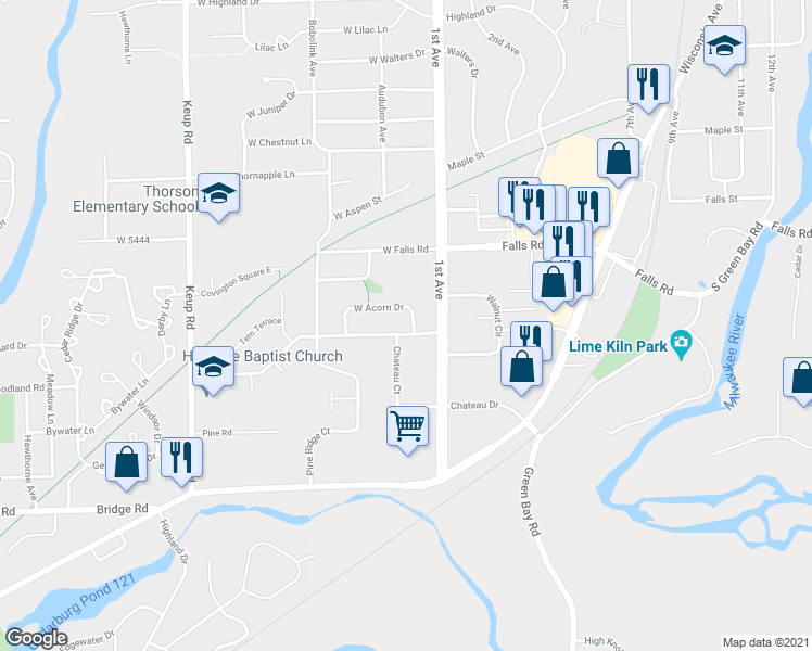 map of restaurants, bars, coffee shops, grocery stores, and more near 1993 West Acorn Drive in Grafton