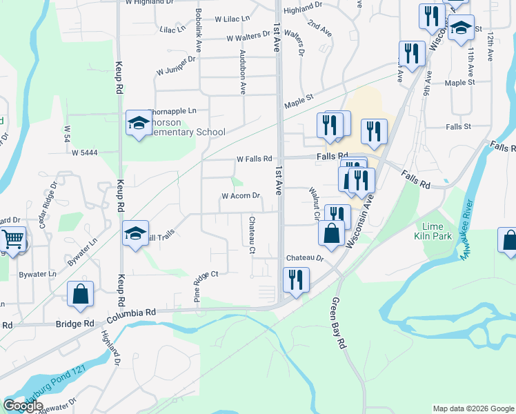 map of restaurants, bars, coffee shops, grocery stores, and more near 1993 West Acorn Drive in Grafton