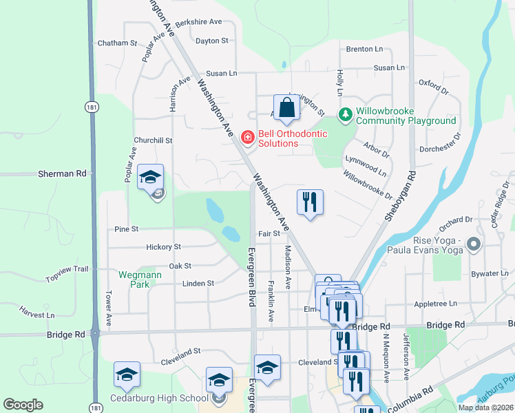 map of restaurants, bars, coffee shops, grocery stores, and more near W67N850 Evergreen Boulevard in Cedarburg