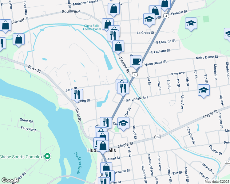 map of restaurants, bars, coffee shops, grocery stores, and more near 8 Weston Avenue in Hudson Falls