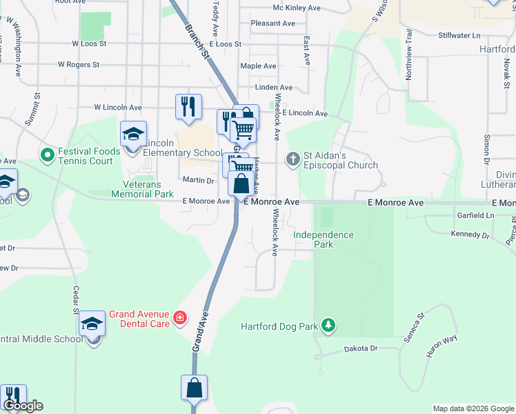 map of restaurants, bars, coffee shops, grocery stores, and more near 511 East Monroe Avenue in Hartford