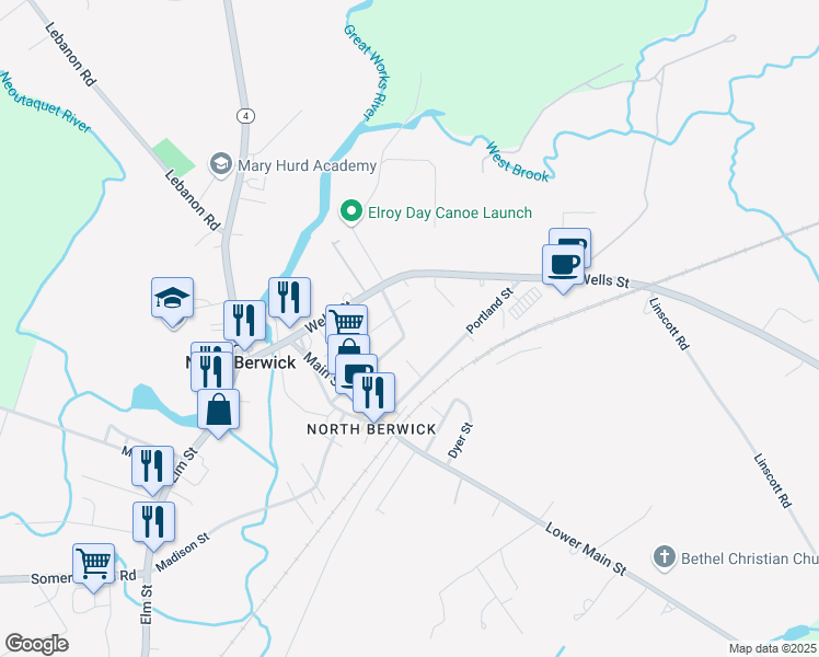 map of restaurants, bars, coffee shops, grocery stores, and more near 21 Burma Road in North Berwick