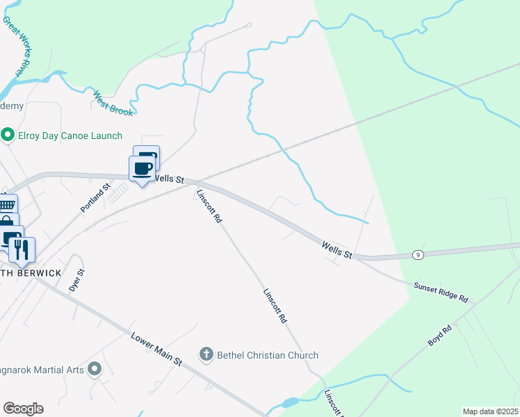 map of restaurants, bars, coffee shops, grocery stores, and more near 233 Wells Street in North Berwick