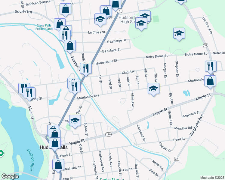 map of restaurants, bars, coffee shops, grocery stores, and more near 21 Martindale Avenue in Hudson Falls