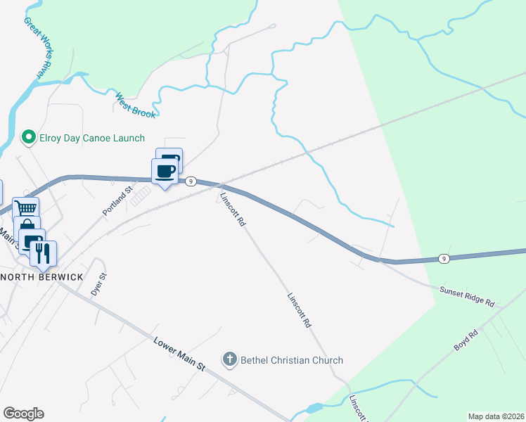 map of restaurants, bars, coffee shops, grocery stores, and more near 208 Wells Street in North Berwick