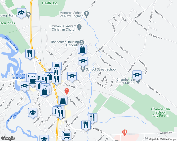 map of restaurants, bars, coffee shops, grocery stores, and more near 97 Winter Street in Rochester