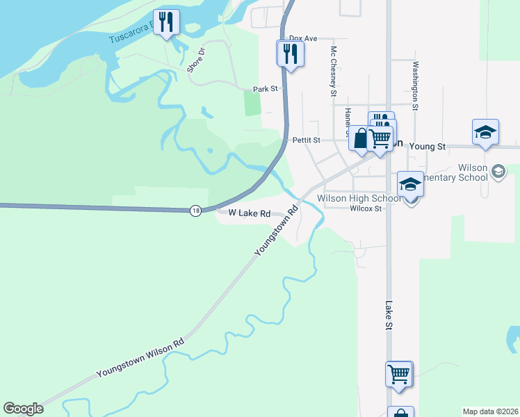 map of restaurants, bars, coffee shops, grocery stores, and more near 3877 West Lake Road in Wilson