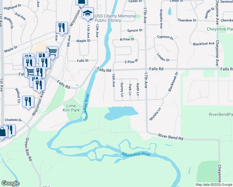 map of restaurants, bars, coffee shops, grocery stores, and more near 1961 16th Avenue in Grafton