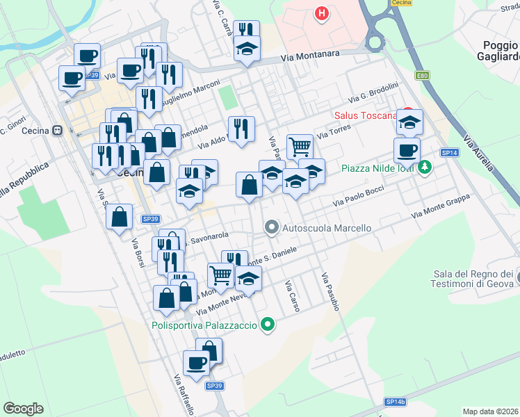 map of restaurants, bars, coffee shops, grocery stores, and more near 7 Via Antonio Rosmini in Cecina