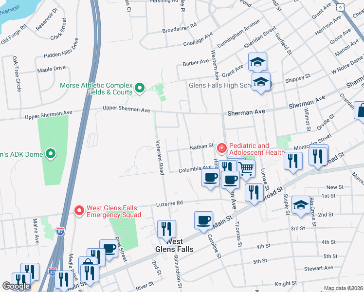 map of restaurants, bars, coffee shops, grocery stores, and more near 22 Nathan Street in West Glens Falls