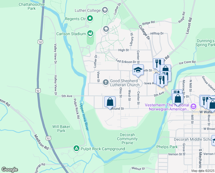 map of restaurants, bars, coffee shops, grocery stores, and more near 701 Iowa Avenue in Decorah