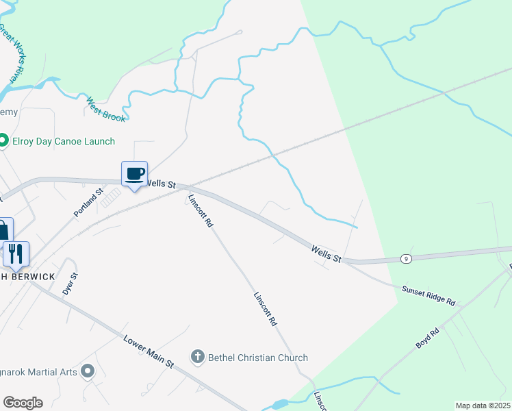map of restaurants, bars, coffee shops, grocery stores, and more near 233 Wells Street in North Berwick
