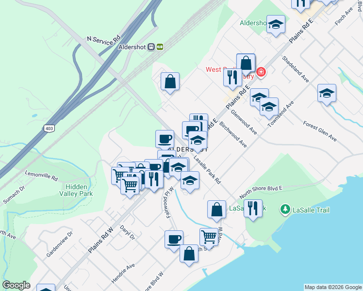 map of restaurants, bars, coffee shops, grocery stores, and more near 1016 Waterdown Road in Burlington
