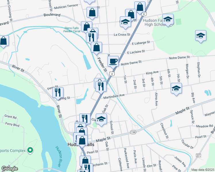 map of restaurants, bars, coffee shops, grocery stores, and more near 258 Main Street in Hudson Falls