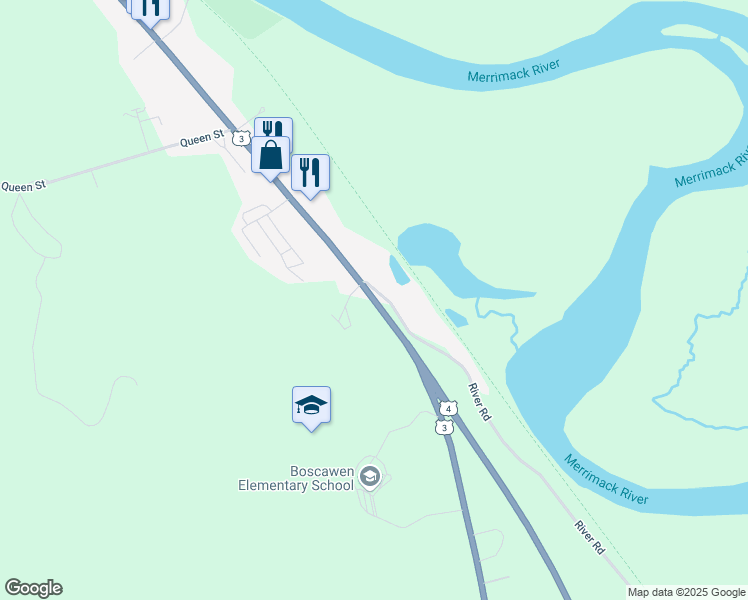 map of restaurants, bars, coffee shops, grocery stores, and more near 121 King Street in Boscawen