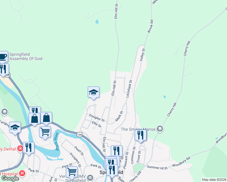map of restaurants, bars, coffee shops, grocery stores, and more near 1 Hilltop Drive in Springfield