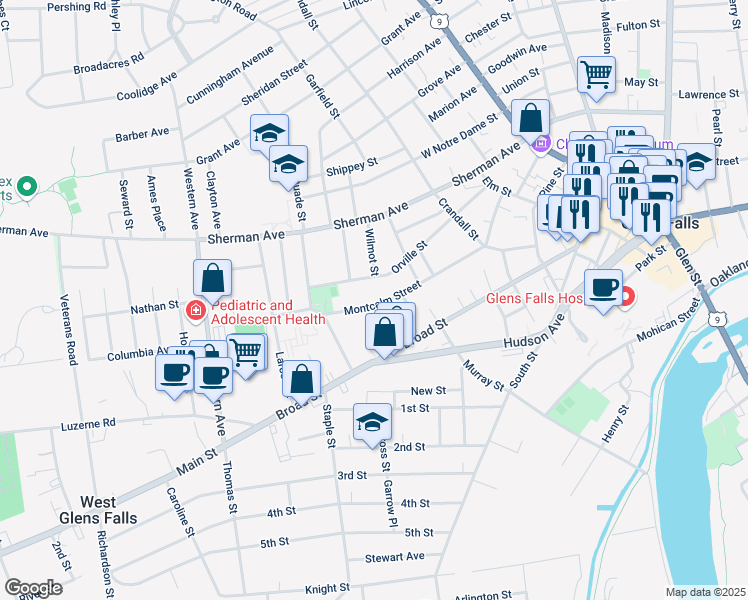map of restaurants, bars, coffee shops, grocery stores, and more near 121 R Broad Street in Glens Falls