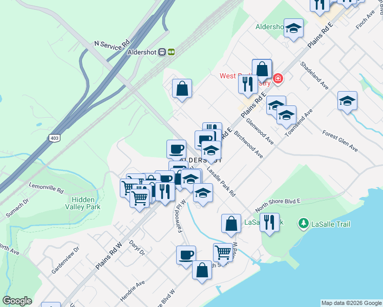 map of restaurants, bars, coffee shops, grocery stores, and more near 1018 Waterdown Road in Burlington