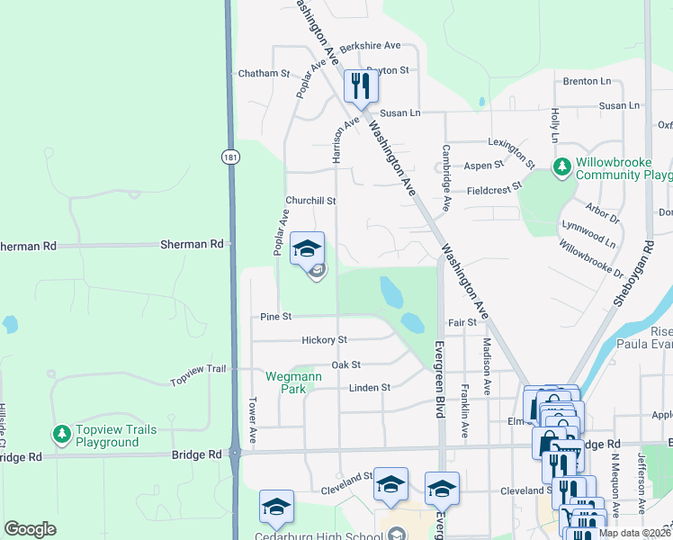 map of restaurants, bars, coffee shops, grocery stores, and more near Harrison Avenue in Cedarburg
