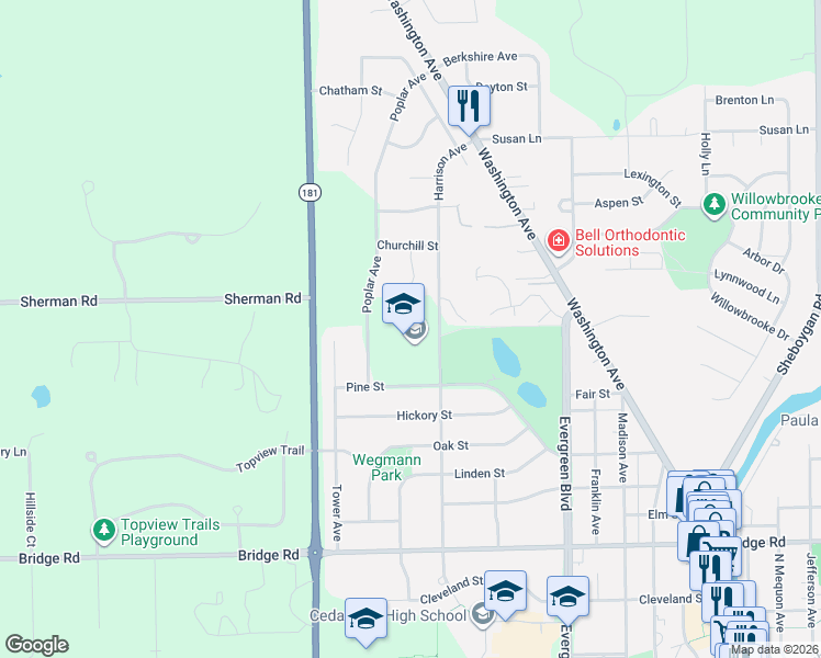 map of restaurants, bars, coffee shops, grocery stores, and more near W72N853 Harrison Avenue in Cedarburg