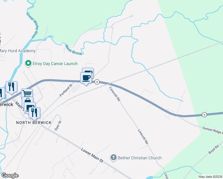 map of restaurants, bars, coffee shops, grocery stores, and more near 153 Linscott Road in North Berwick