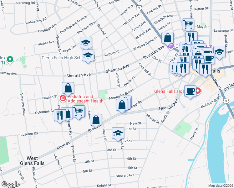 map of restaurants, bars, coffee shops, grocery stores, and more near 121 R Broad Street in Glens Falls