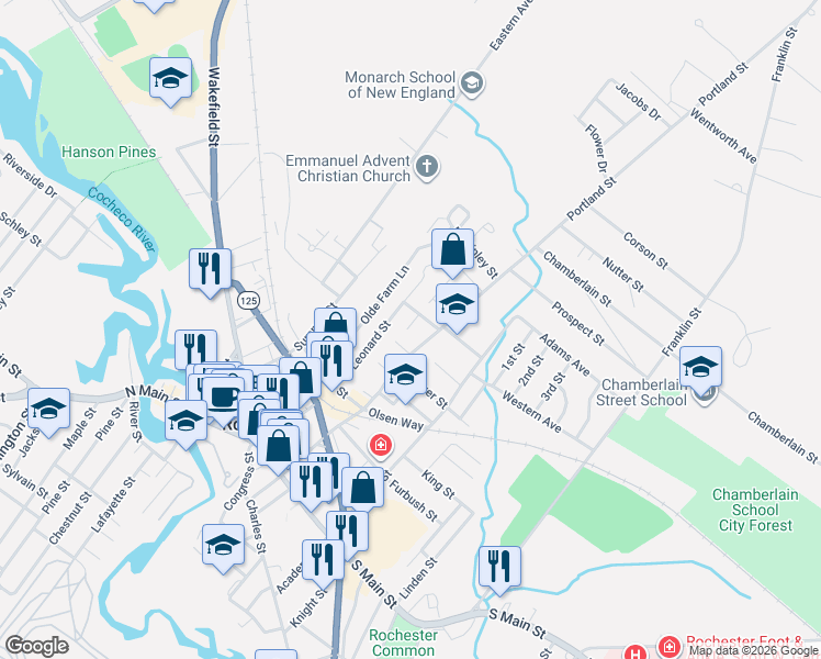 map of restaurants, bars, coffee shops, grocery stores, and more near 367 Portland Street in Rochester