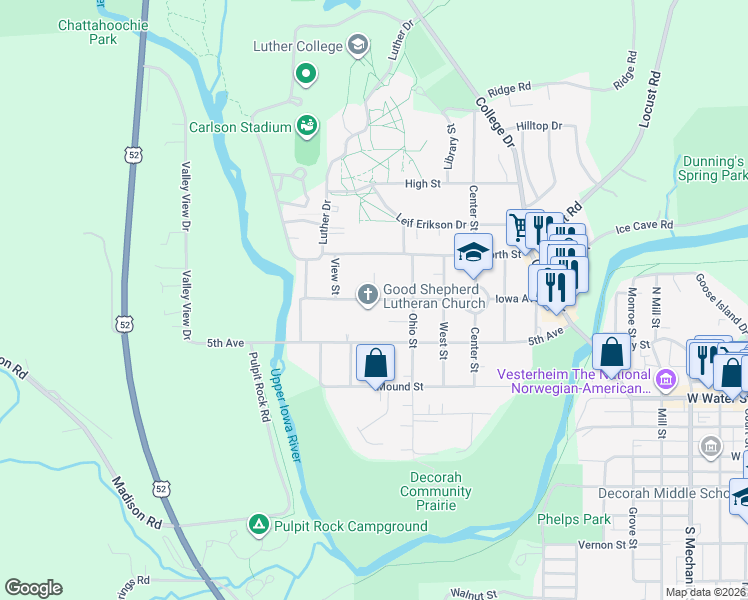 map of restaurants, bars, coffee shops, grocery stores, and more near 701 Iowa Avenue in Decorah