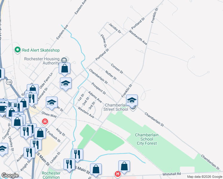 map of restaurants, bars, coffee shops, grocery stores, and more near 36 Chamberlain Street in Rochester