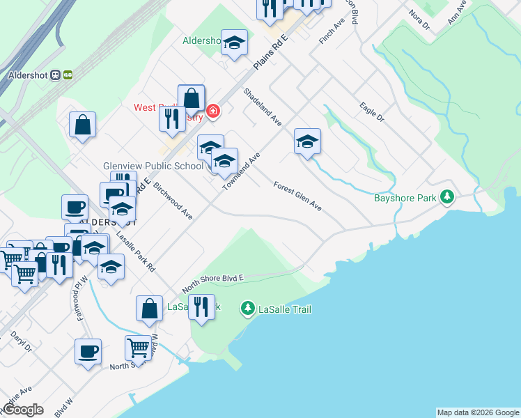 map of restaurants, bars, coffee shops, grocery stores, and more near 865 Glenwood Avenue in Burlington