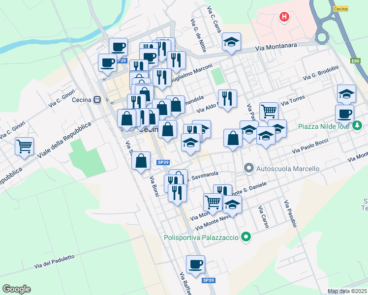 map of restaurants, bars, coffee shops, grocery stores, and more near 24D Via Napoli in Cecina
