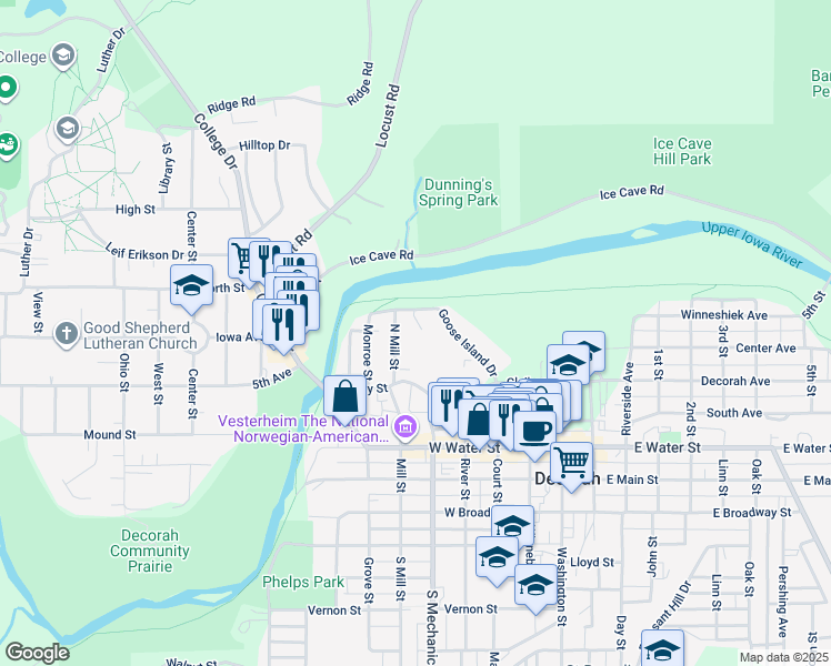 map of restaurants, bars, coffee shops, grocery stores, and more near 509 Goose Island Dr in Decorah