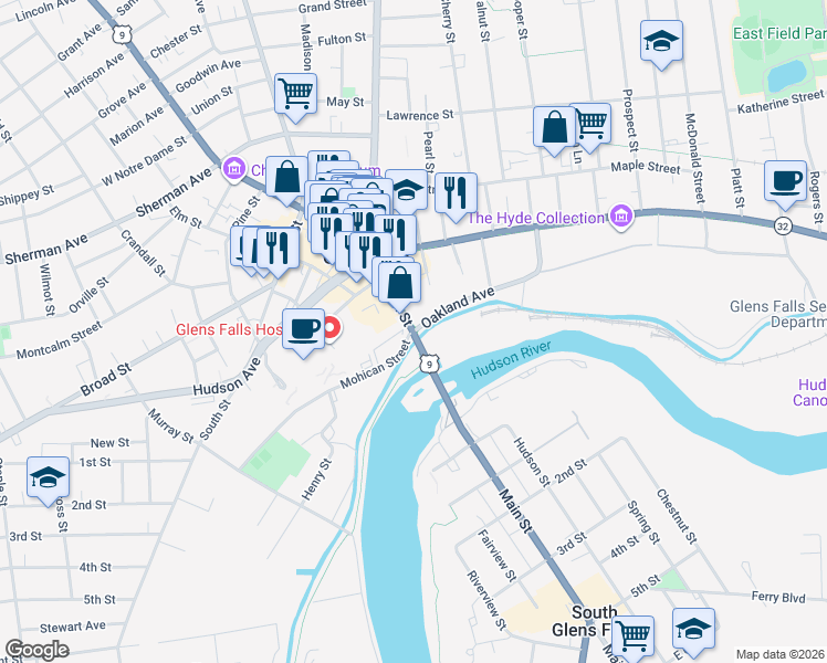 map of restaurants, bars, coffee shops, grocery stores, and more near Glen Street & Oakland Avenue in Glens Falls