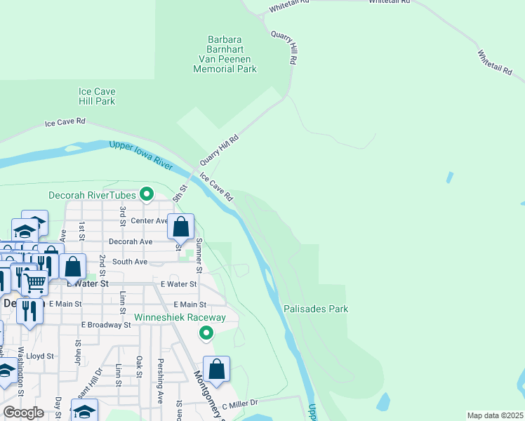 map of restaurants, bars, coffee shops, grocery stores, and more near Park Drive in Decorah