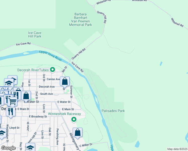 map of restaurants, bars, coffee shops, grocery stores, and more near Park Drive in Decorah