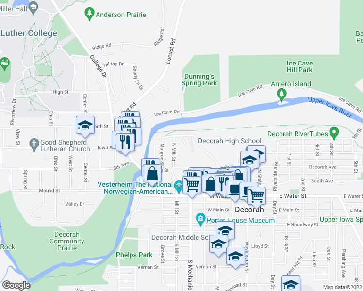 map of restaurants, bars, coffee shops, grocery stores, and more near 509 Goose Island Drive in Decorah