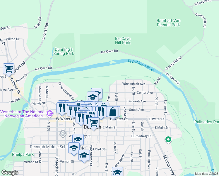 map of restaurants, bars, coffee shops, grocery stores, and more near 431 Riverside Avenue in Decorah