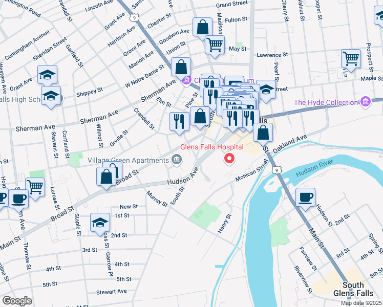 map of restaurants, bars, coffee shops, grocery stores, and more near 22 Broad Street in Glens Falls